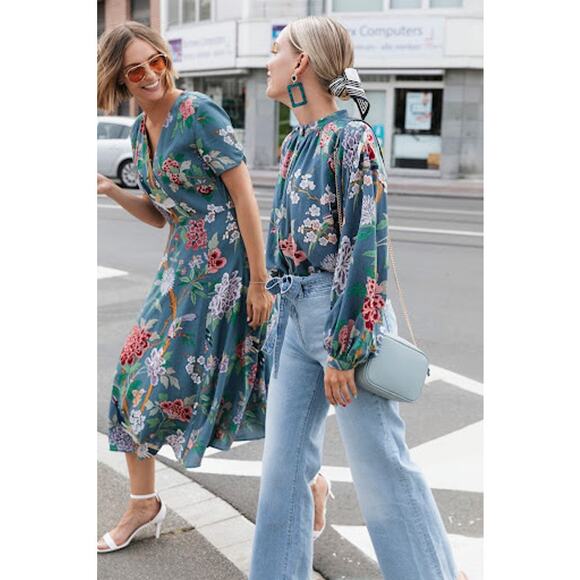 GP & J Baker‎ H&M Dress Midi Blue Floral Print Tea Dress - Picture 2 of 15